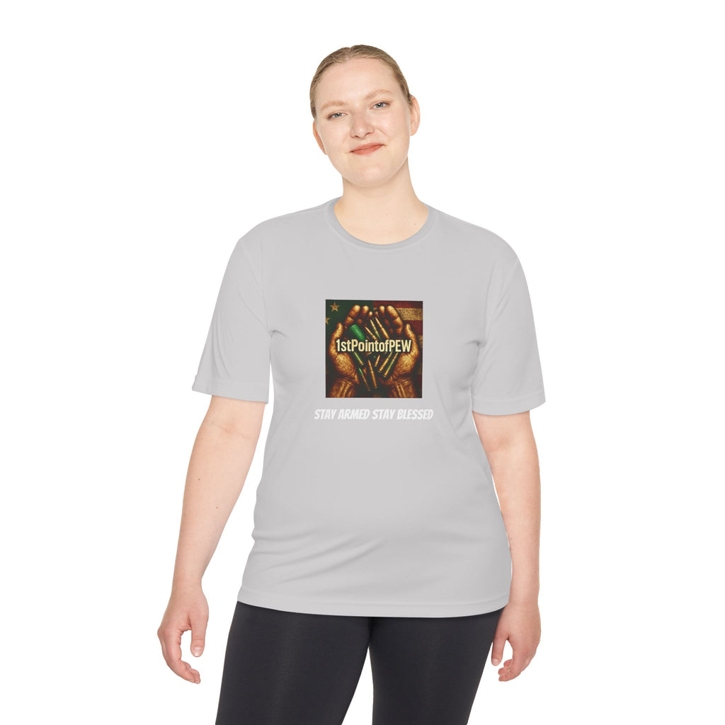 !stPointofPew/Pew Review Moisture-Wicking Tee — “Stay Armed Stay Blessed” Graphic