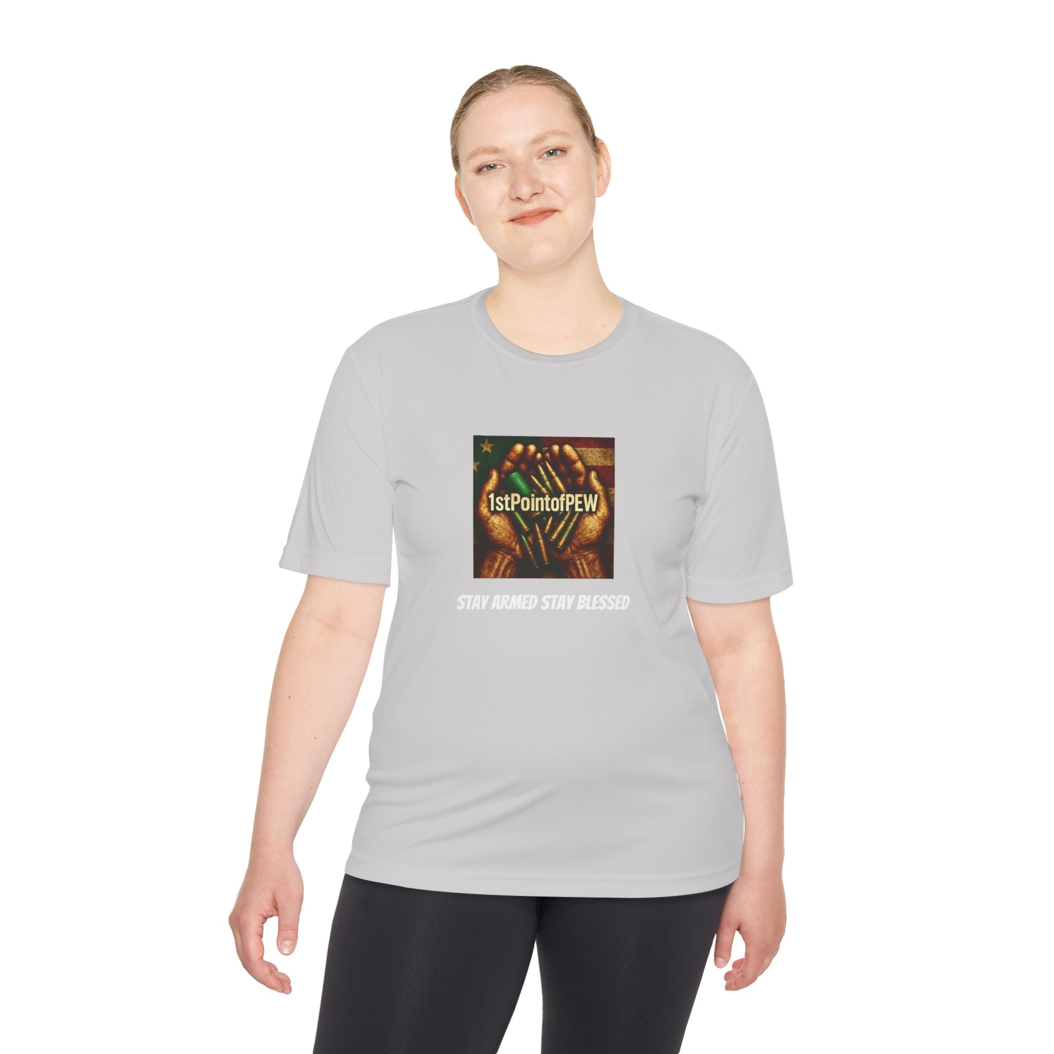!stPointofPew/Pew Review Moisture-Wicking Tee — “Stay Armed Stay Blessed” Graphic